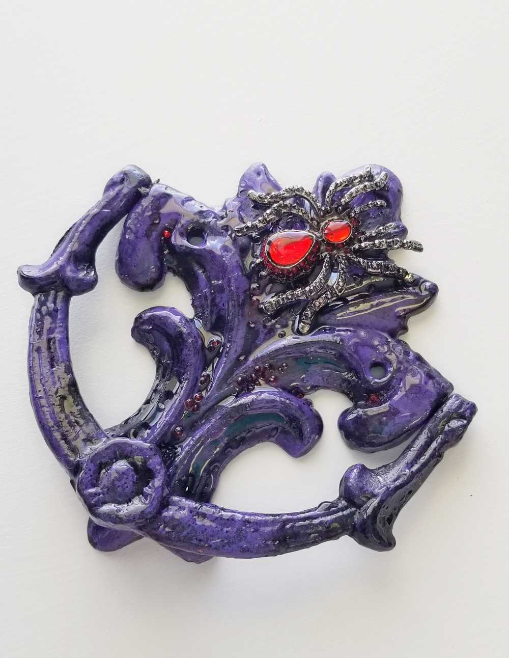 Antique Heavy Metal Door Knocker Painted Deep Purple with Red Studded Gemstone Spider