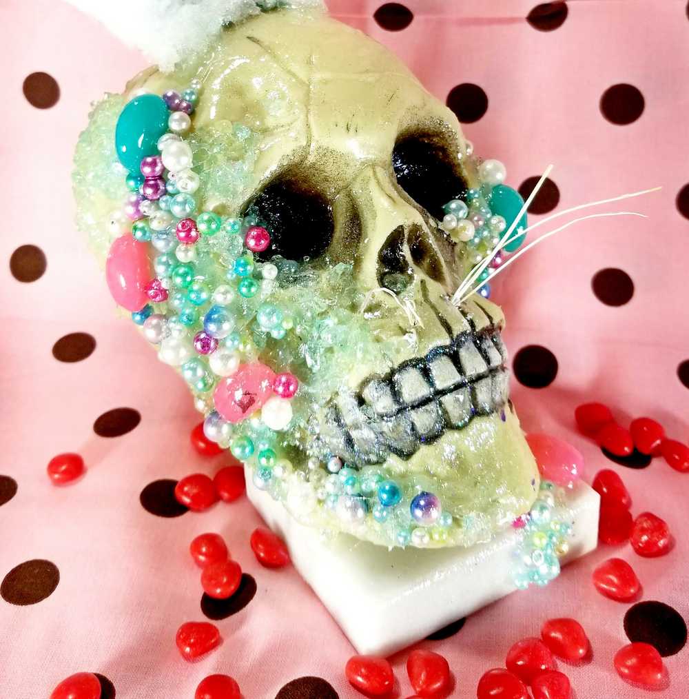 Resin Encased Easter Bunny Skull with Jelly Beans, Pearls & Glitter on a Marble Base