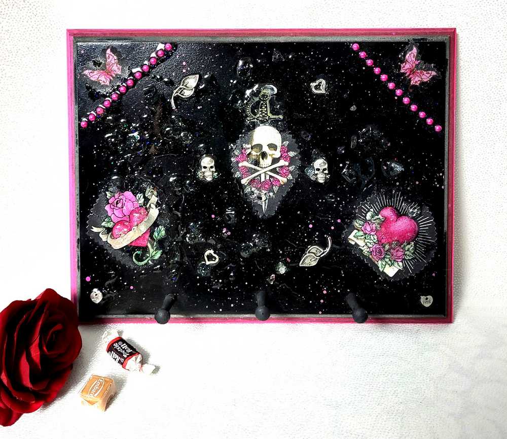 Black Goth Wall Plaque with a Skull with a Sword, Glass and Pink Butterflies