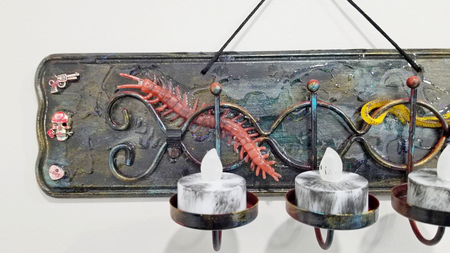 Black Metal Candle Holder, Holds 3 Battery Candles, with a Couple of Skulls, a Creepy Centipede and a Snake