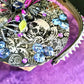 Wood Basket Covered with Black Skull Fabric, with a Purple & Black Flower, Blue Glass Cabochons & a Large Sparkley Spider