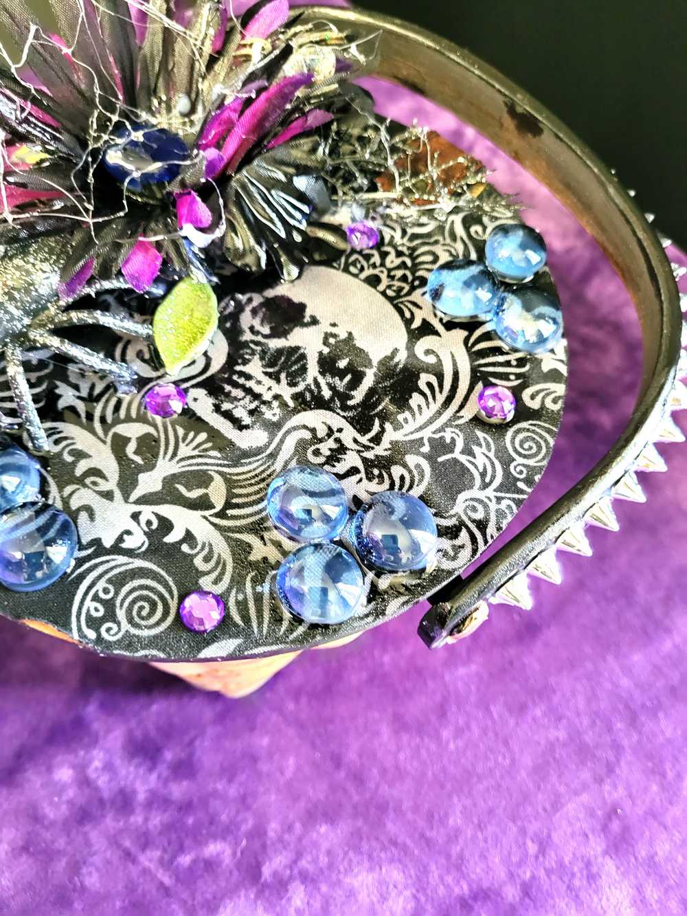 Wood Basket Covered with Black Skull Fabric, with a Purple & Black Flower, Blue Glass Cabochons & a Large Sparkley Spider