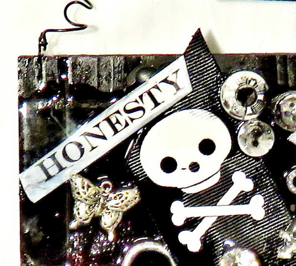 Black Wall Plaque with Skull & Bones Ribbon, Honesty Sign, Recycle Jewelry, Keys & Gears, Punk Goth Sign