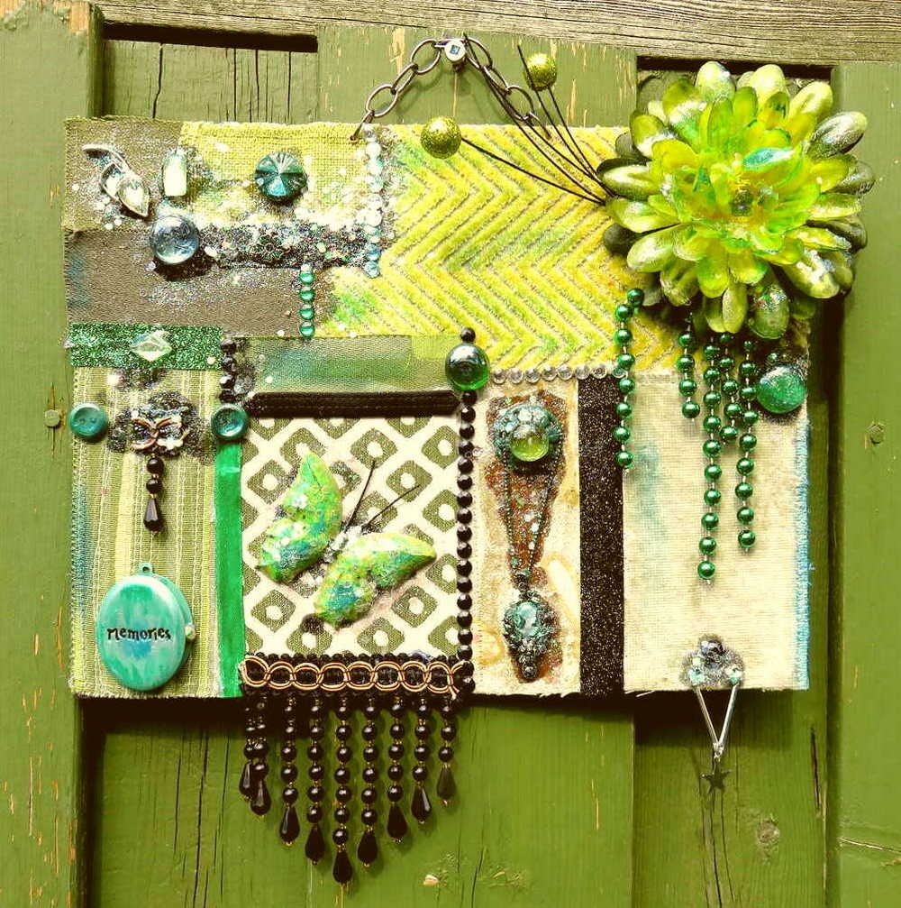 Decorative Collage of Green Fabrics, Recycled Jewelry, Flowers & Mini Picture Frame, Wall Art, Wall Hanging