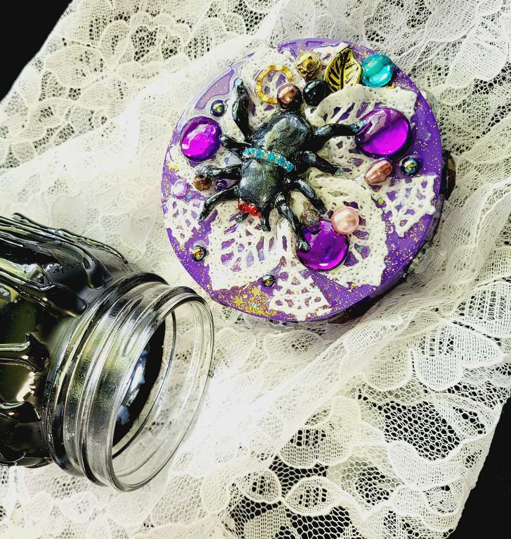 Decorated Mason Jar to fill with Your Favorite Candy, Spices, Dry Goods for Halloween or Everyday,  Large Spider on Wooden Lid