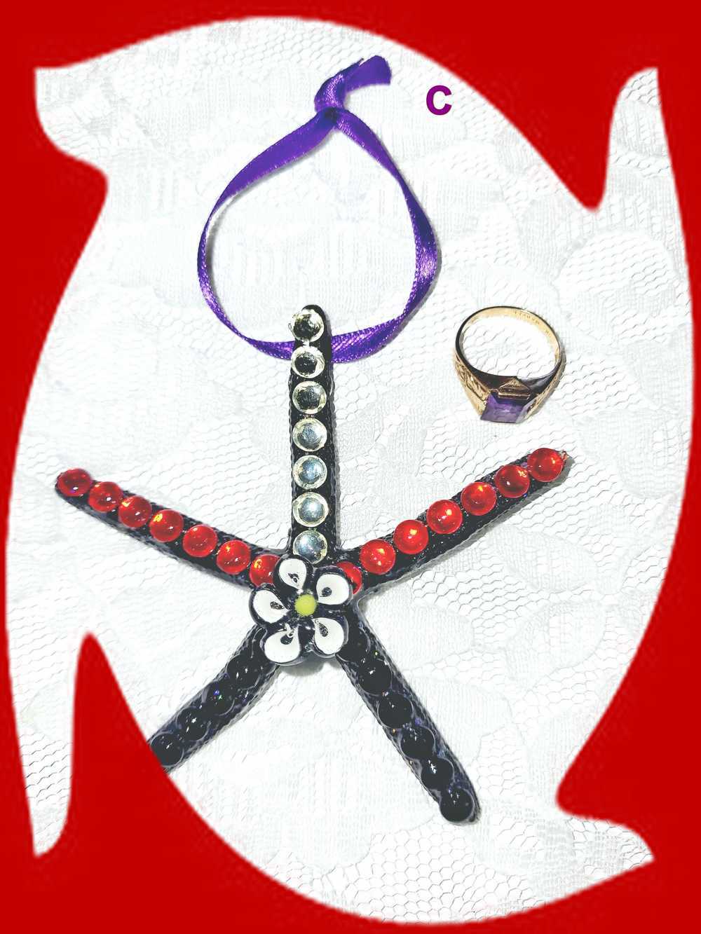 Hanging Decorated Starfish Ornament, Gemstones, Goth Decor, Beach Decoration