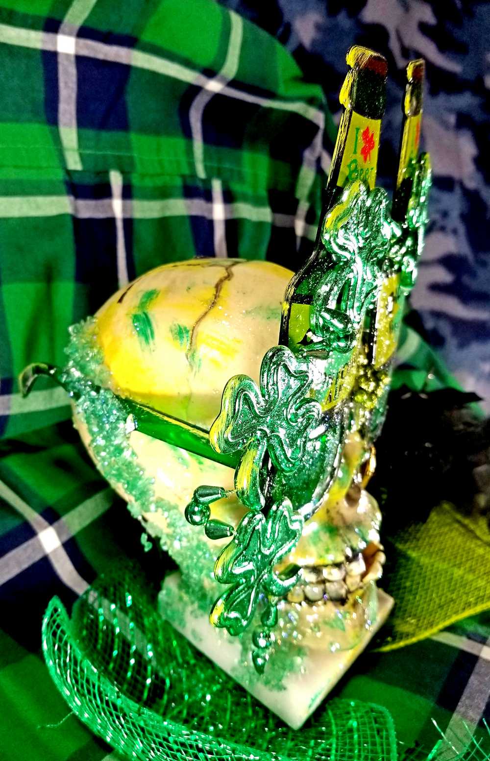 One of a Kind St. Patrick's Skull Decor, Green Beer Goggles, Missing Front Teeth and Shamrocks