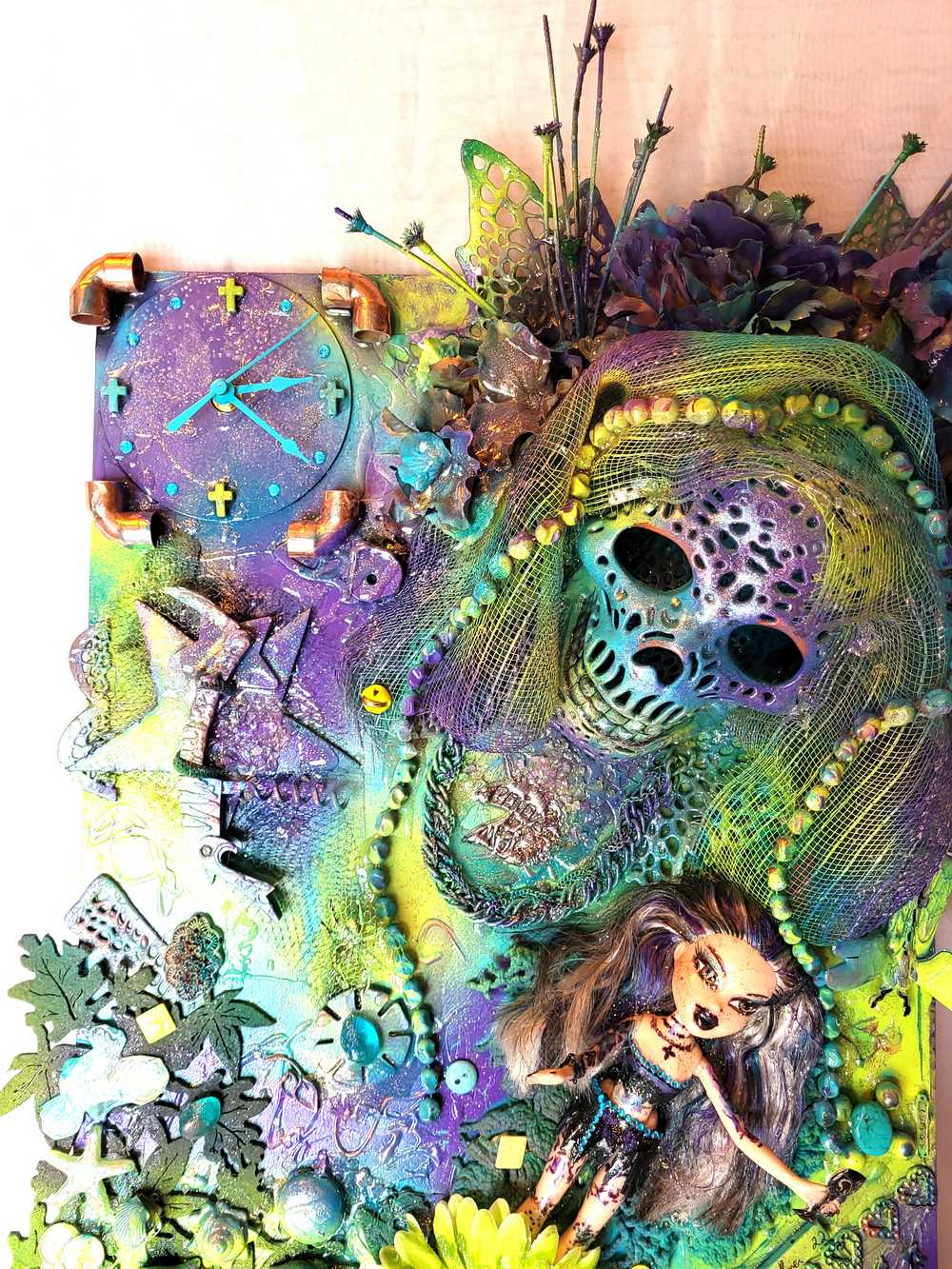 Skull Goddess and The Babe, in Purples & Blues, on 16L x 20W Mixed Media Canvas with Wall Clock