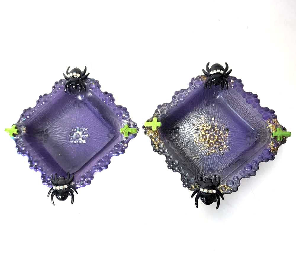 Creepy, Adorable Purple Candle Holder or Candy Dish  with Rhinestone Studded Black Spiders and Green Crosses