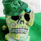 Handmade Resin St. Patrick's Day Skull with Top Hat, Shamrock, Bell & Gold Coins on a Marble Base