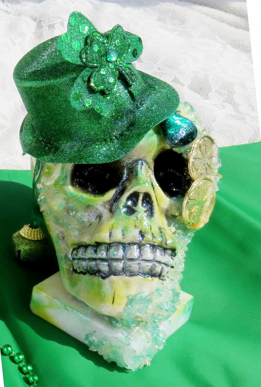 Handmade Resin St. Patrick's Day Skull with Top Hat, Shamrock, Bell & Gold Coins on a Marble Base