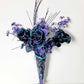 Goth Flower Arrangement, Black & Purple Roses in a Tin Match Cone, with Spiders & Skulls