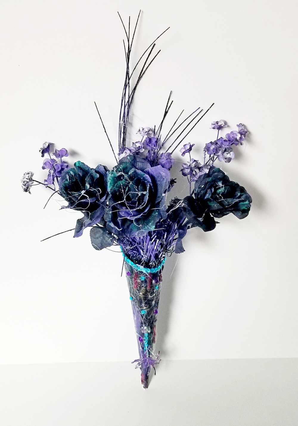 Goth Flower Arrangement, Black & Purple Roses in a Tin Match Cone, with Spiders & Skulls