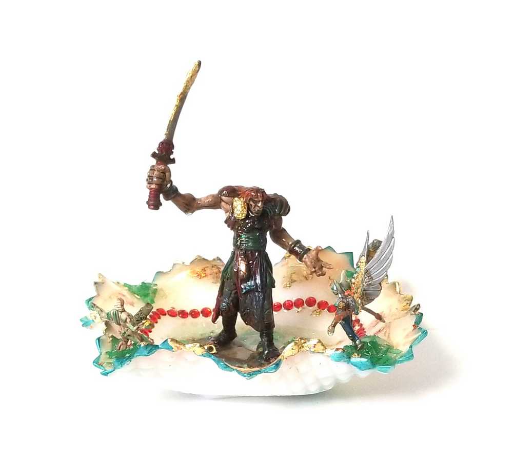 Sword Wielding Giant Mutant, and a Winged Princess, Battling it Out, in an Antique Glass Dish, Collectible