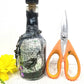 Altered Glass Bottle, Decanter, with a Crow, Chain with Keys, Purple Gems, Re-Usable