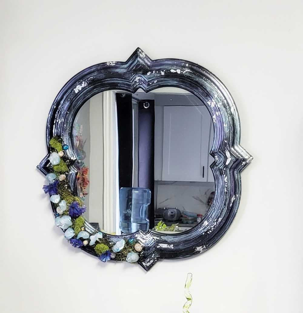 Black Hand Painted Unique Shaped Wall Mirror with Handmade Mushroom Colored Lights, 3 Settings