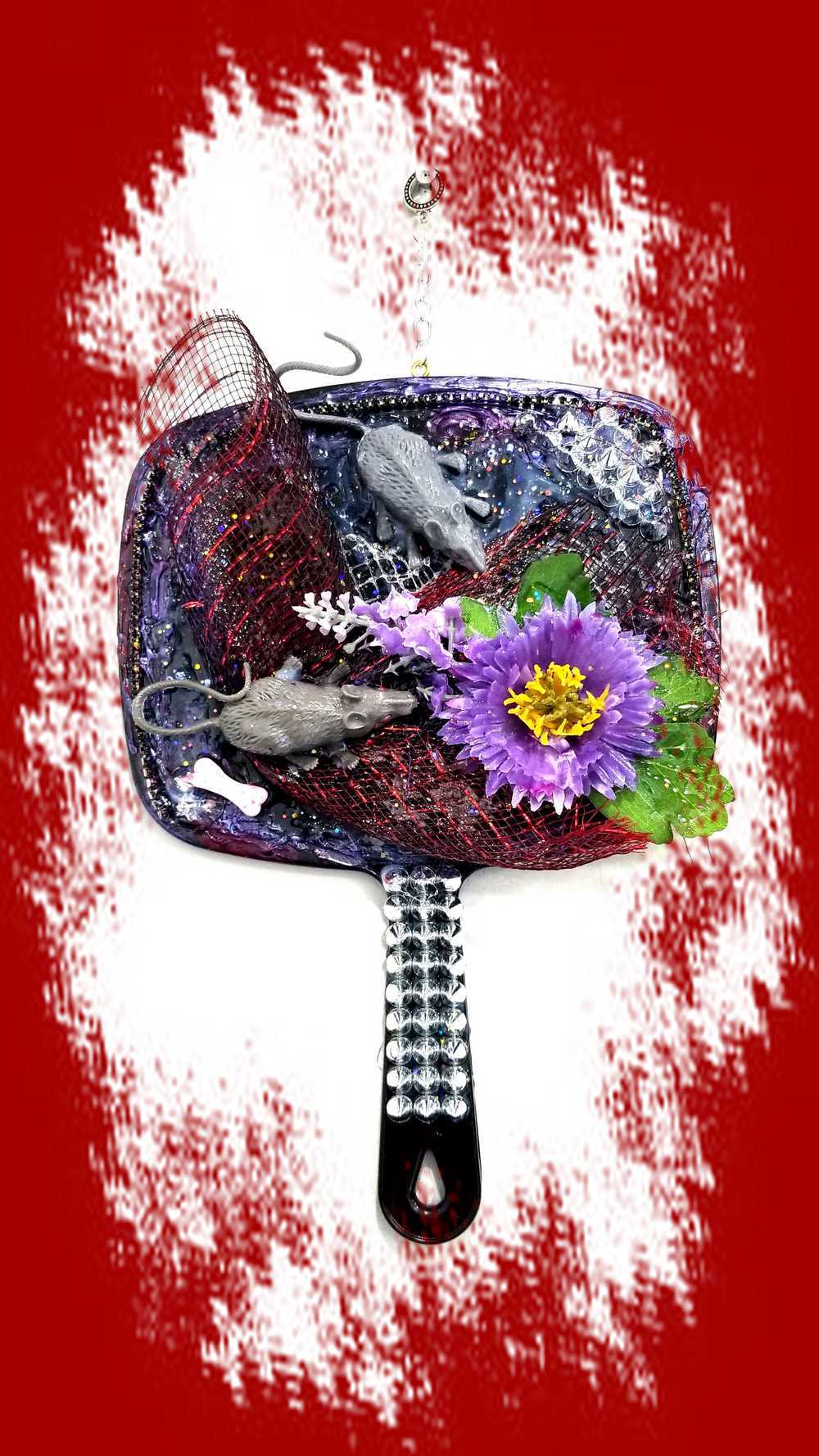 Black Studded Hand Held Mirror with Rats and Purple Flowers. Punk Art