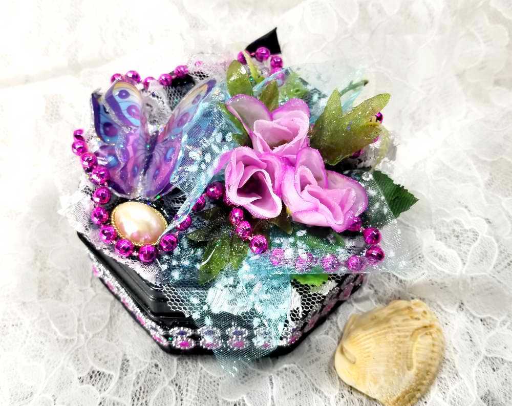 Black Tin Octagon Jewelry, Trinket, Stash Box with Snake Print, Roses and  A Butterfly