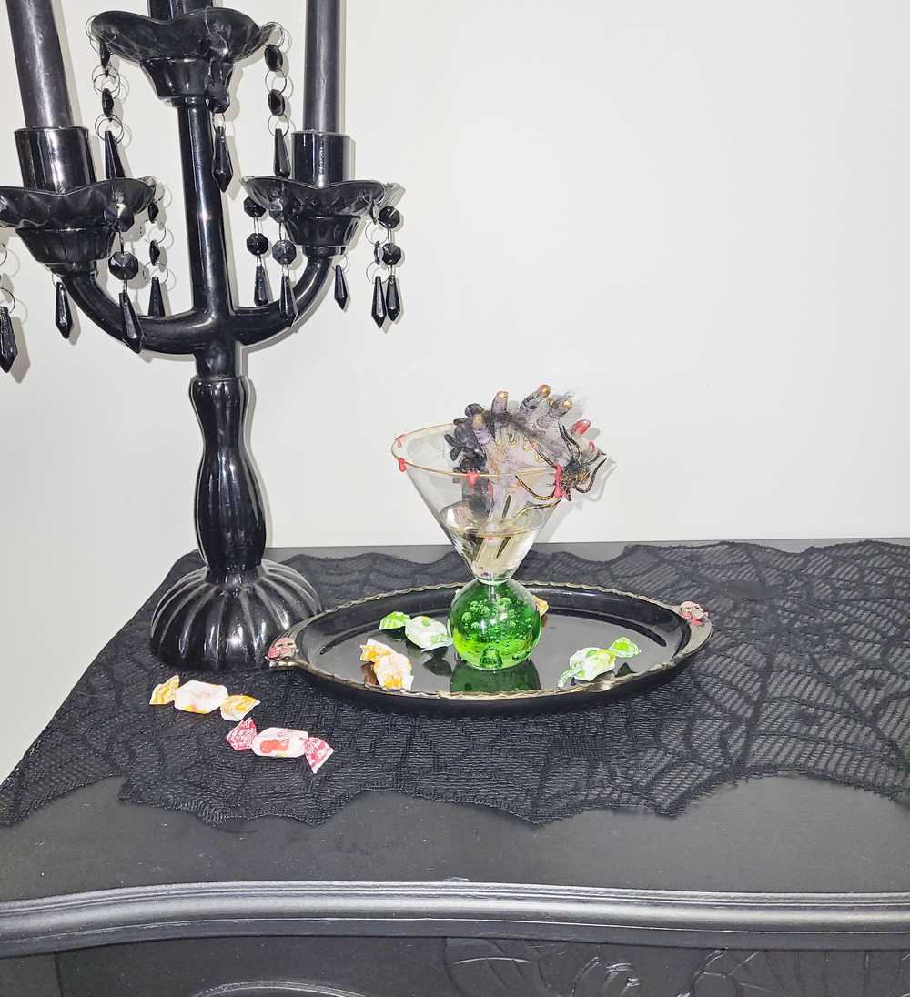 Creepy Halloween Cocktail Glass Recycled into a Candy Tray with Spiders & a Skeleton Hand