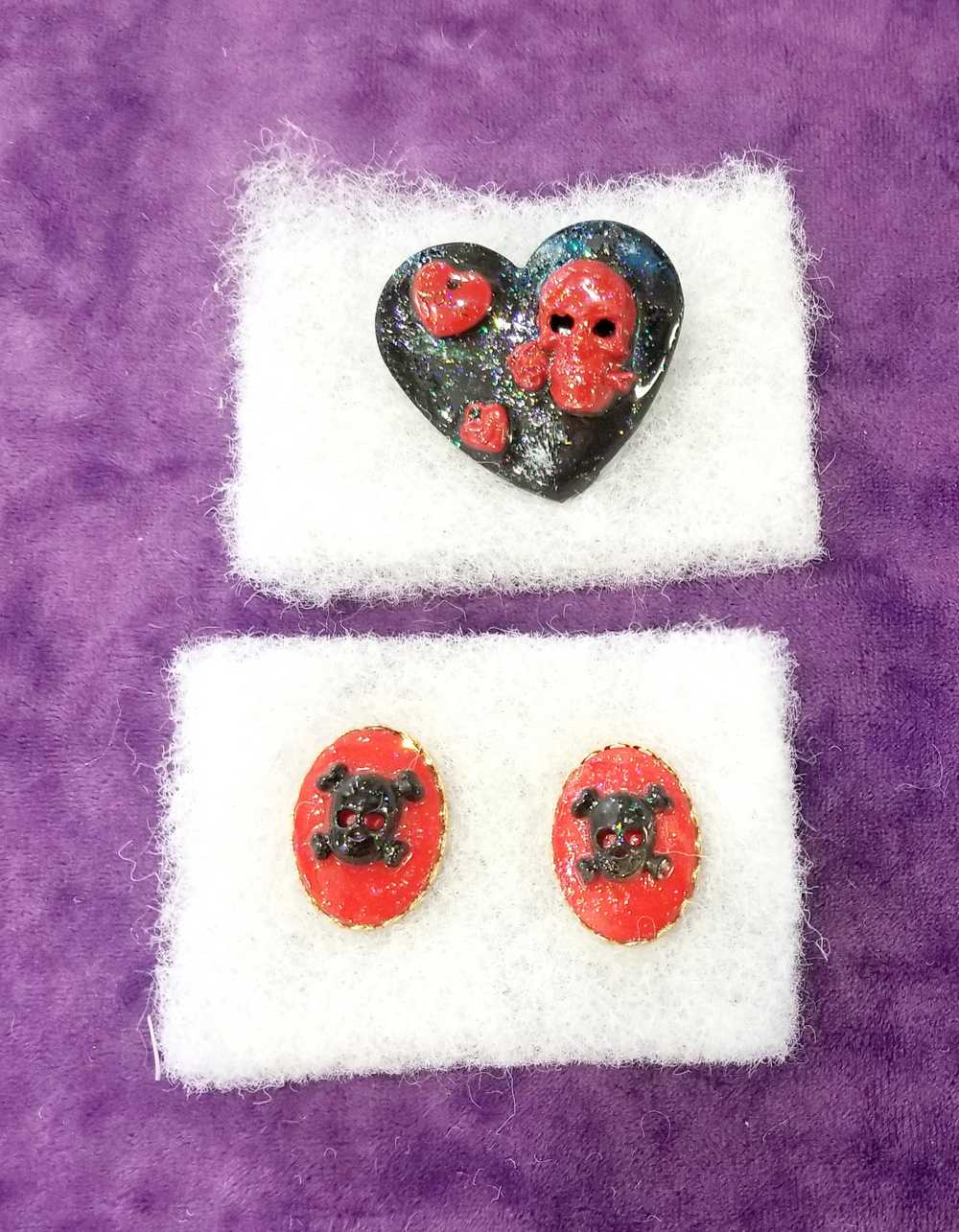 Black Porcelain Heart Shaped Brooch with Red Skull and Heart Charms