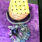 Wood Basket Covered with Black Skull Fabric, with a Purple & Black Flower, Blue Glass Cabochons & a Large Sparkley Spider