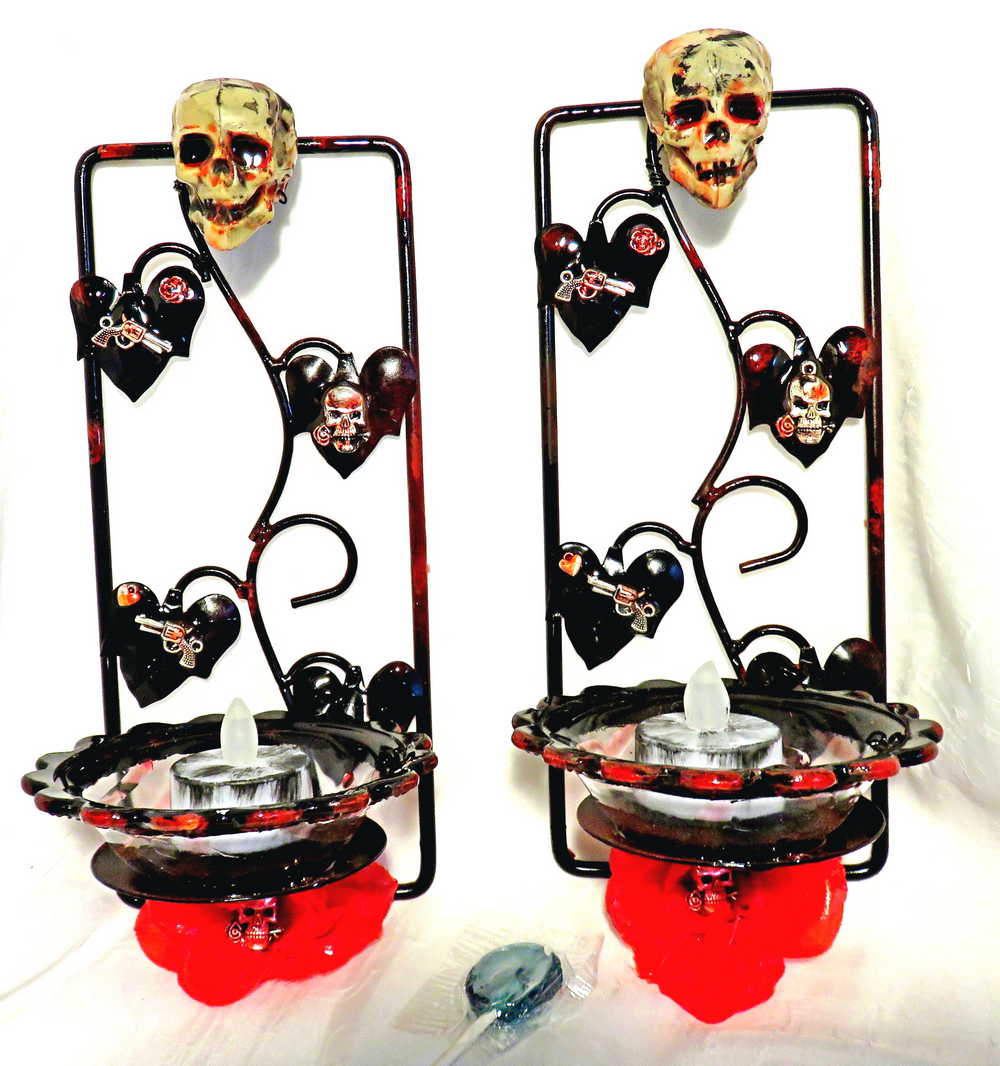 Wall Mounted Battery Candle Holder with Skulls & Red Roses, Glass Bowls Holds Two Battery Candles