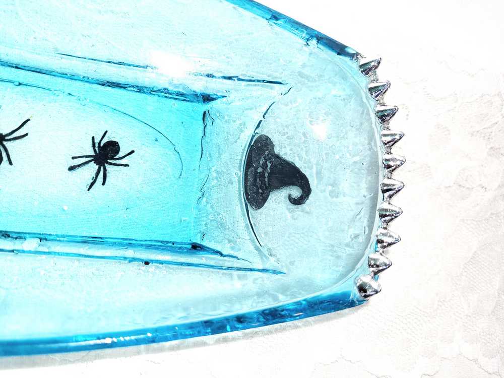 Long Teal Altered Glass Candy Dish with Silver Studs, a Black Cat and a Witch Hat