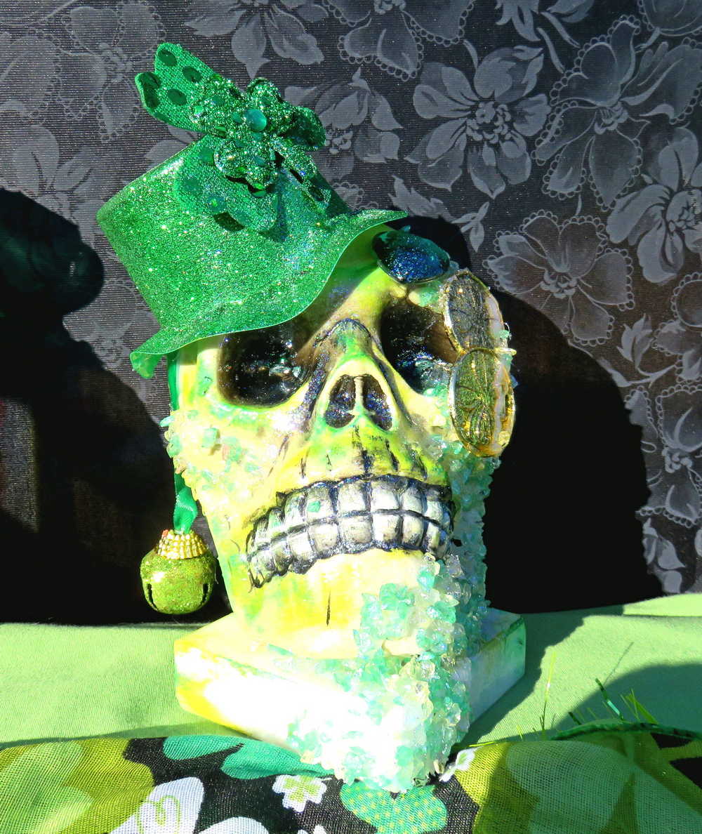 Handmade Resin St. Patrick's Day Skull with Top Hat, Shamrock, Bell & Gold Coins on a Marble Base