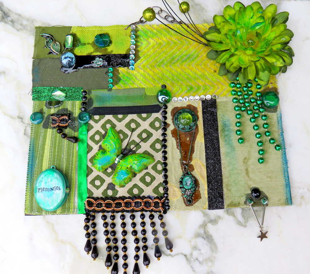 Decorative Collage of Green Fabrics, Recycled Jewelry, Flowers & Mini Picture Frame, Wall Art, Wall Hanging