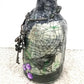 Altered Glass Bottle, Decanter, with a Crow, Chain with Keys, Purple Gems, Re-Usable