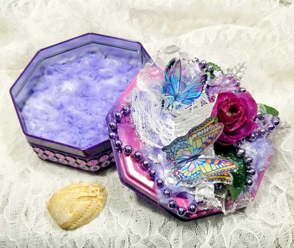 Tin Box Repurposed into a Jewelry Box, Two Butterflies and Deep Purple Rose on Lace