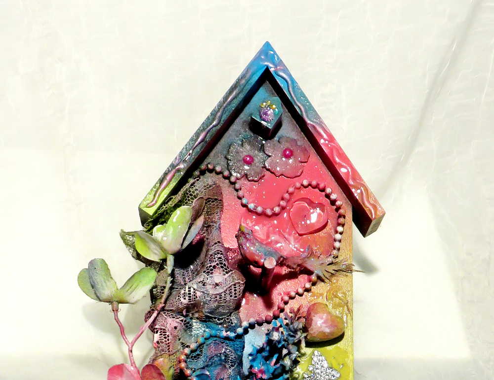 Colorful Wall Birdhouse Cutout with Thermometer and Cup Hooks to Keep Your Necklaces or Keys in One Place