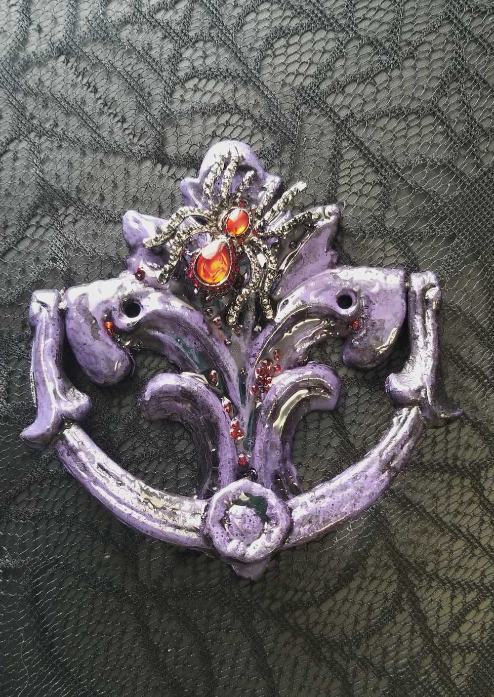 Antique Heavy Metal Door Knocker Painted Deep Purple with Red Studded Gemstone Spider