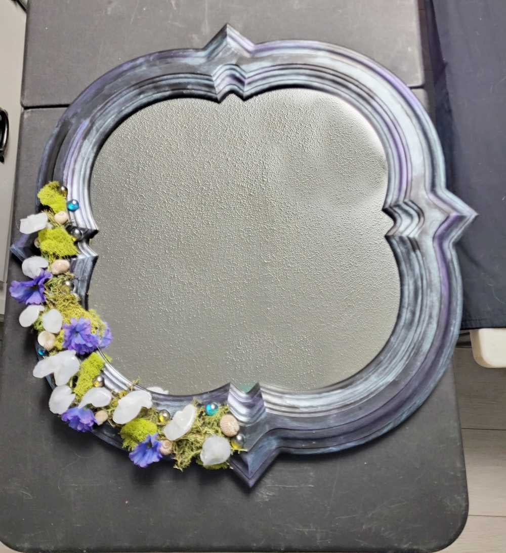 Black Hand Painted Unique Shaped Wall Mirror with Handmade Mushroom Colored Lights, 3 Settings