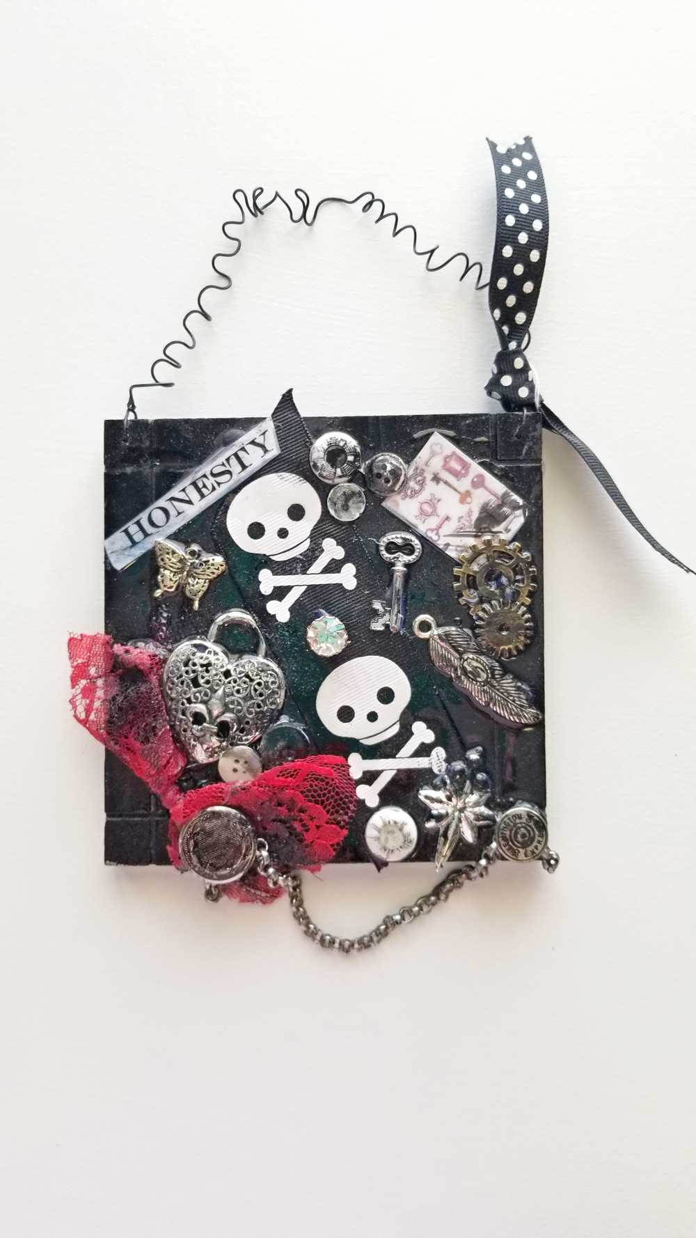 Black Wall Plaque with Skull & Bones Ribbon, Honesty Sign, Recycle Jewelry, Keys & Gears, Punk Goth Sign