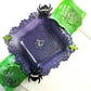 Creepy, Adorable Purple Candle Holder or Candy Dish  with Rhinestone Studded Black Spiders and Green Crosses