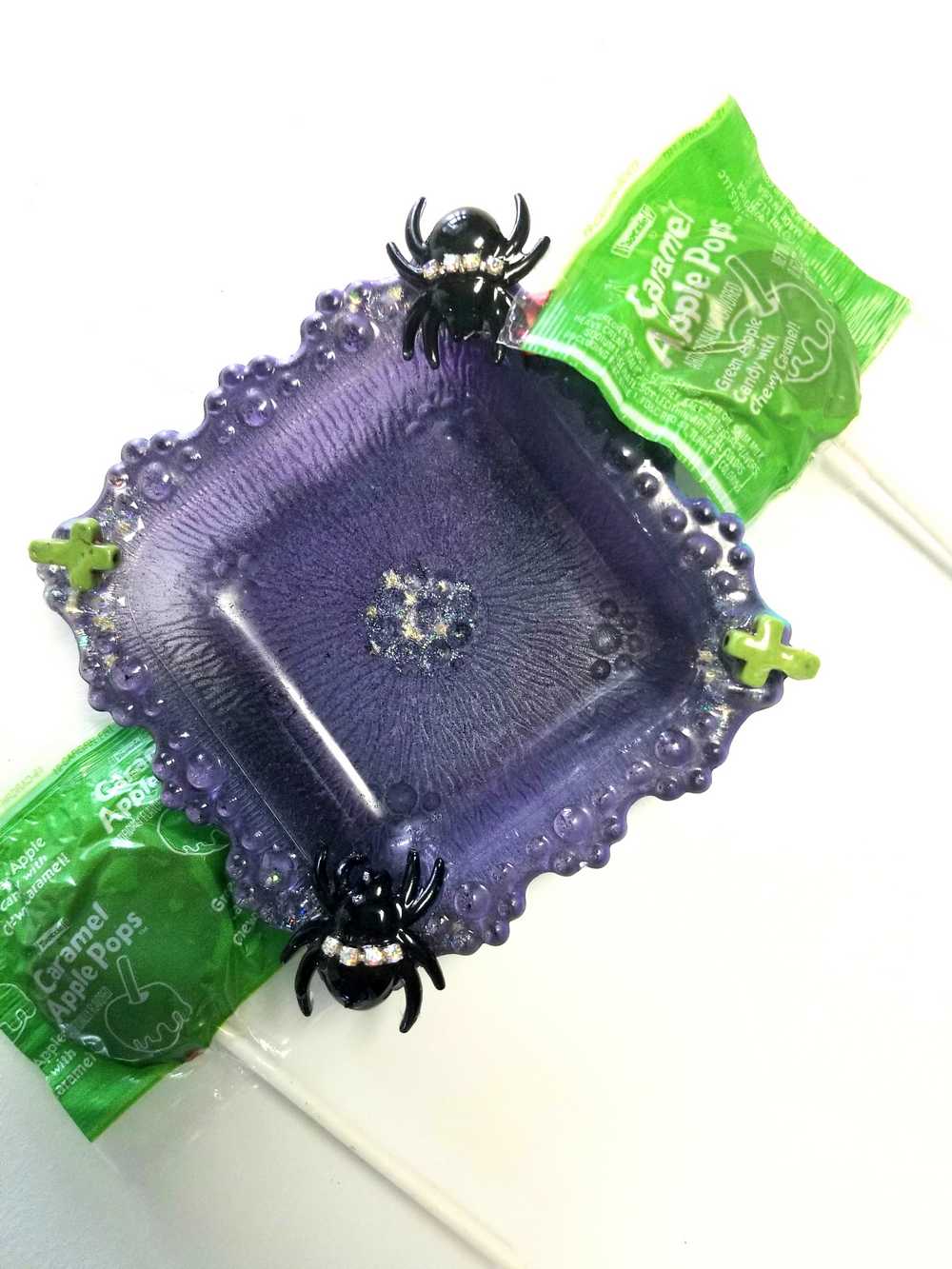 Creepy, Adorable Purple Candle Holder or Candy Dish  with Rhinestone Studded Black Spiders and Green Crosses