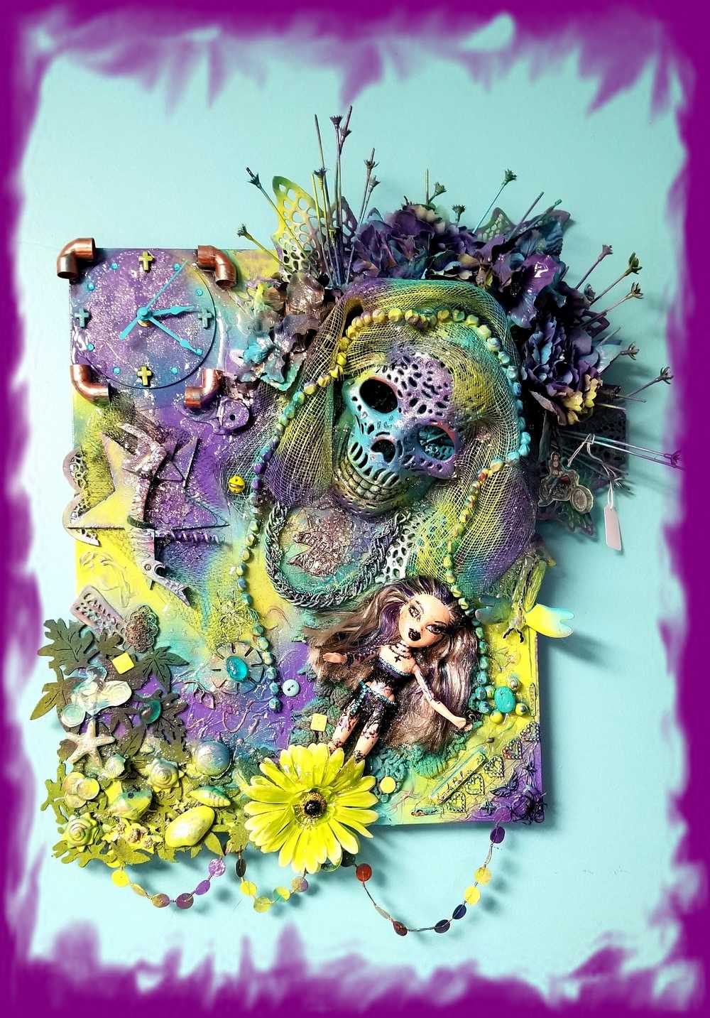 Skull Goddess and The Babe, in Purples & Blues, on 16L x 20W Mixed Media Canvas with Wall Clock