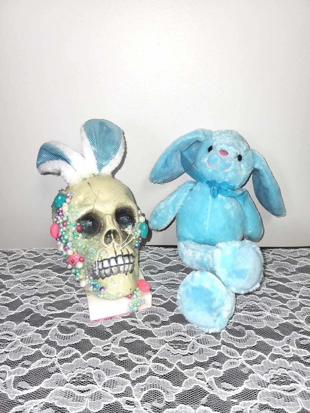 Resin Encased Easter Bunny Skull with Jelly Beans, Pearls & Glitter on a Marble Base