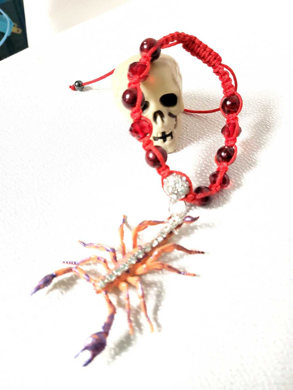 Orange Rhinestone Encrusted Scorpion Braided Bracelet for Halloween, Punk, Goth or Everyday.