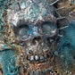 Creepy Skull  Clock on 16 x 20 inch Canvas, with Chains, Nuts, Bolts, Teal Blue