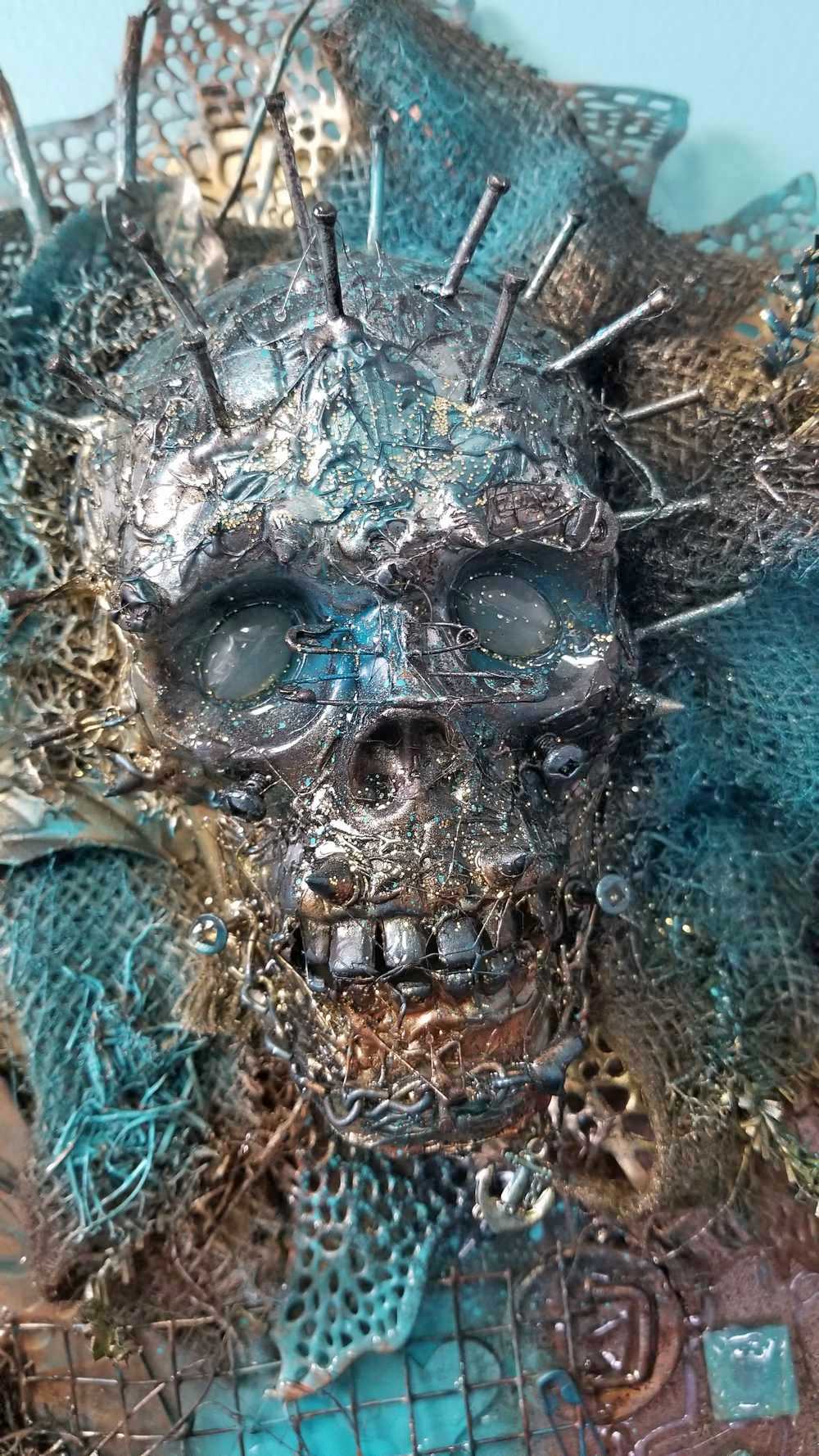 Creepy Skull  Clock on 16 x 20 inch Canvas, with Chains, Nuts, Bolts, Teal Blue