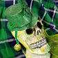 Handmade Resin St. Patrick's Day Skull with Top Hat, Shamrock, Bell & Gold Coins on a Marble Base