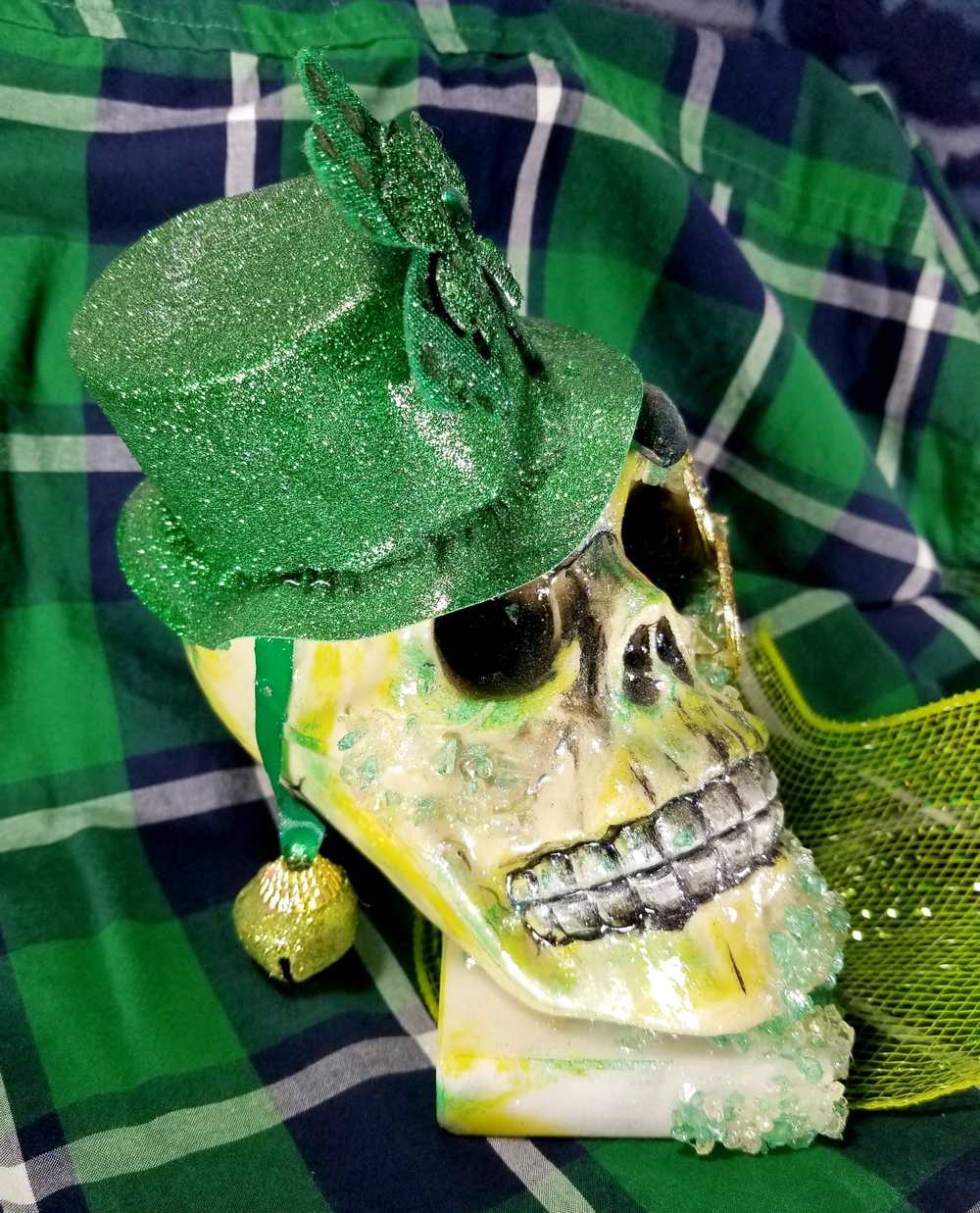 Handmade Resin St. Patrick's Day Skull with Top Hat, Shamrock, Bell & Gold Coins on a Marble Base