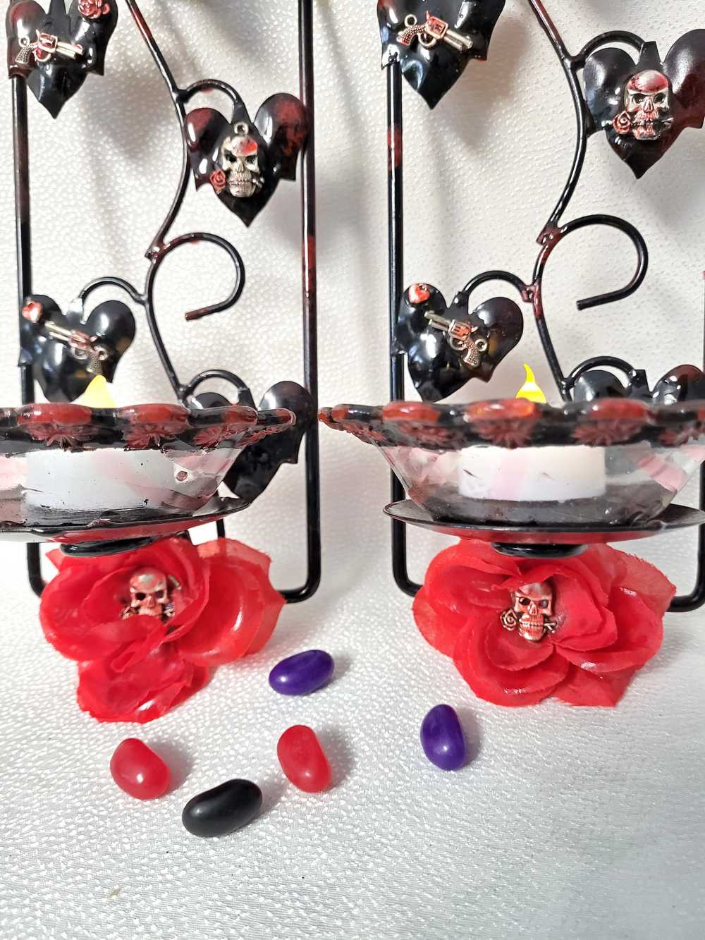 Wall Mounted Battery Candle Holder with Skulls & Red Roses, Glass Bowls Holds Two Battery Candles