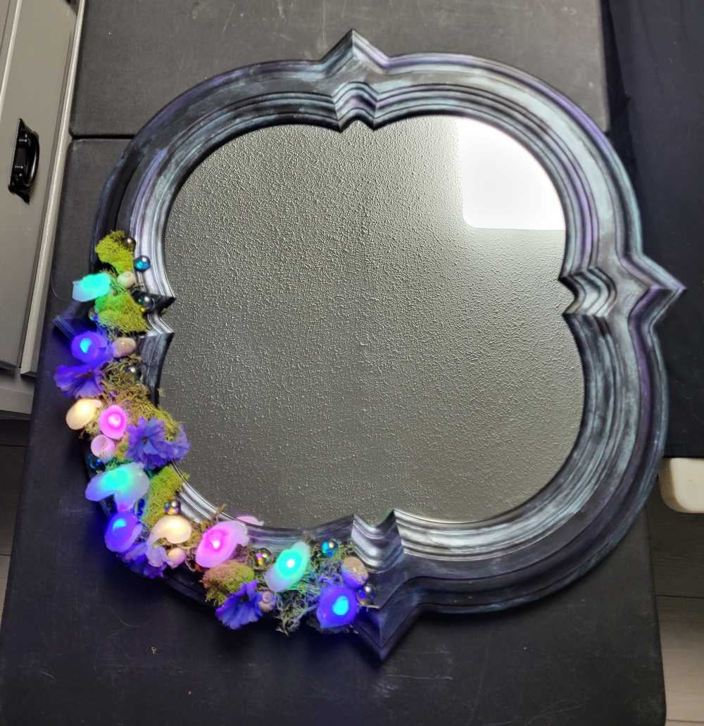 Black Hand Painted Unique Shaped Wall Mirror with Handmade Mushroom Colored Lights, 3 Settings