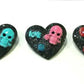 Porcelain Black Oval Shaped Brooch with Hand Painted Teal Skull, Heart & Love Charms