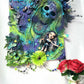 Skull Goddess and The Babe, in Purples & Blues, on 16L x 20W Mixed Media Canvas with Wall Clock