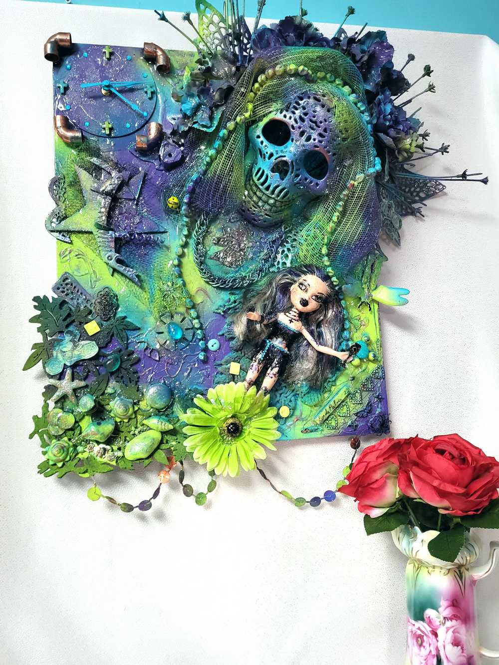 Skull Goddess and The Babe, in Purples & Blues, on 16L x 20W Mixed Media Canvas with Wall Clock