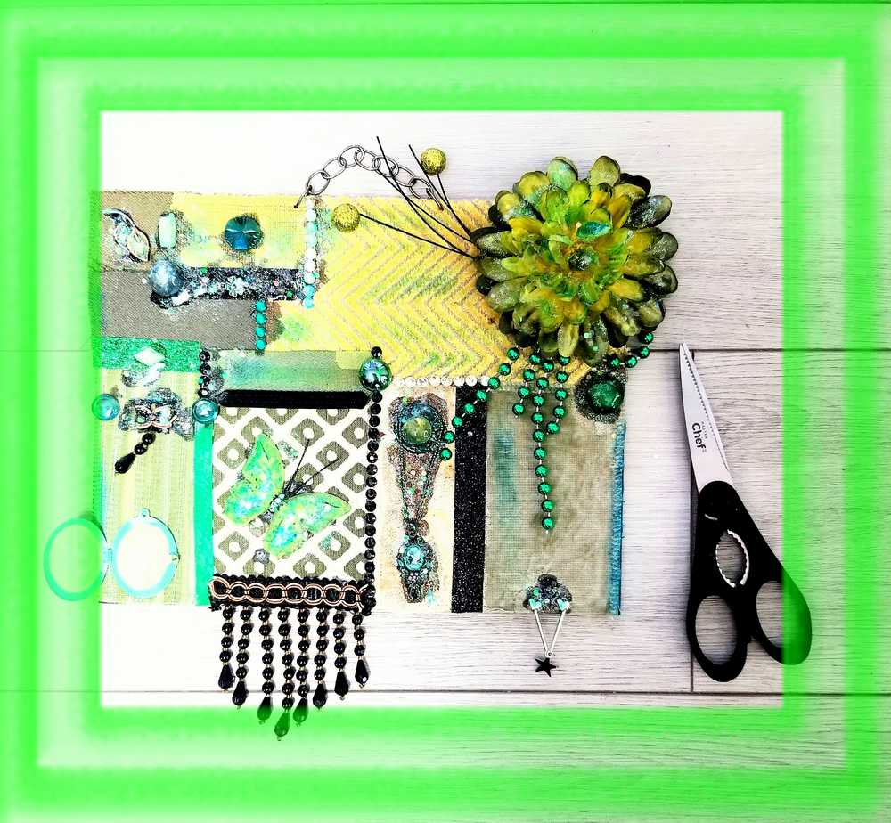 Decorative Collage of Green Fabrics, Recycled Jewelry, Flowers & Mini Picture Frame, Wall Art, Wall Hanging